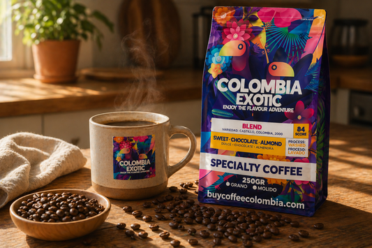Fresh Colombian coffee served at home with roasted beans and premium packaging in warm natural light