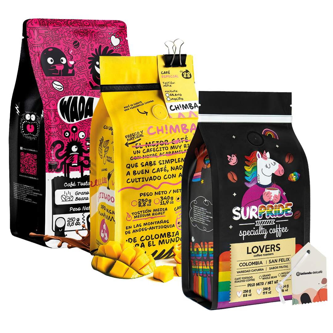 Colorful Colombian coffee gift bag presented as a premium specialty coffee gift