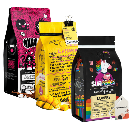 Colorful Colombian coffee gift bag presented as a premium specialty coffee gift
